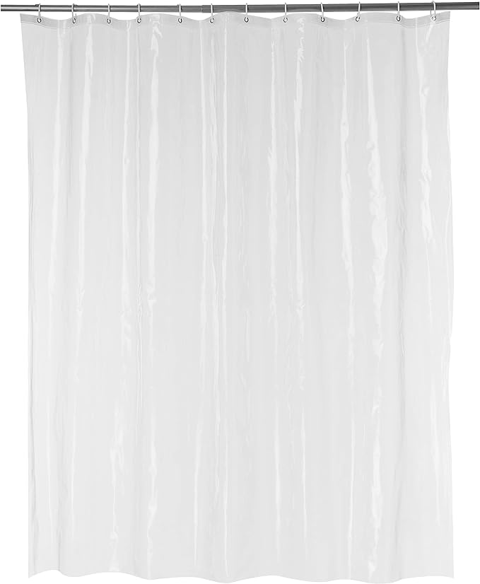 Amazon Basics Clear Vinyl Shower Curtain Liner, Heavyweight Liner with Rust-proof Metal Grommets and Plastic Shower Hooks - 72 x 72 Inches, Clear