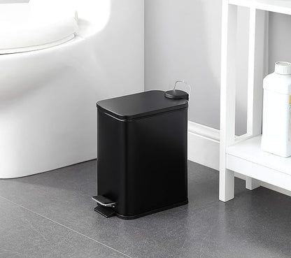 SunnyPoint 5 Liter / 1.32 Gallon Trash Can with Plastic Inner Buckets; Square/Rectangle Bathroom, Office, Kitchen, and Bedroom Step On and Slow Close (11.5" X 5.5" X 11.22", Black)